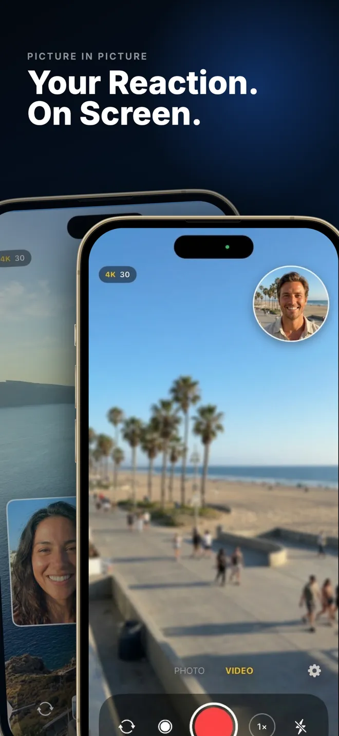 Picture-in-picture mode with a round front camera window over a beachfront scene